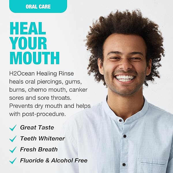 H2OCEAN HEALING RINSE NATURAL SEA SALT ORAL CARE – MOUTH RINSE FOR ORAL CARE – GREAT FOR PIERCINGS, SORE THROATS & GUM HEALTH – ALCOHOL- & FLUORIDE-FREE MOUTHWASH – LEMON ICE, 16 OZ
