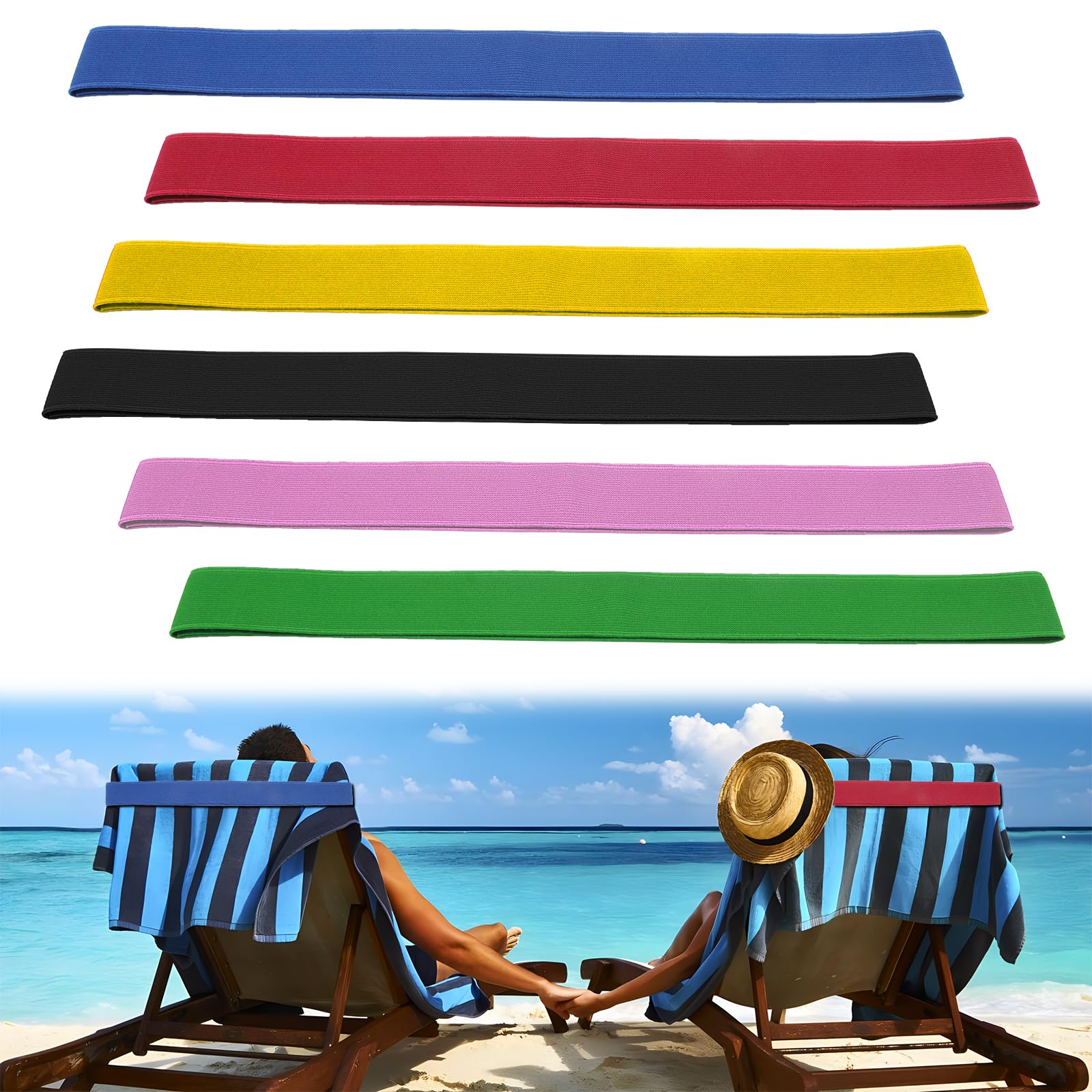 QOPAHI 6 Pack Towel Bands for Sun Loungers, Elastic Sunbed Towel Straps for Pool & Cruise Chairs, Portable Washcloth Hoders for Fix Beach Towels(40×3.8cm)