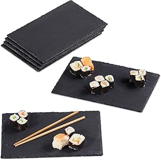 Relaxdays Schieferplatte im 6er Set, große Servierplatten aus Schiefer, zum Servieren & Beschriften, 30x20 cm, anthrazit