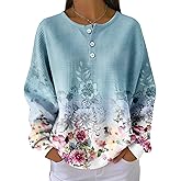 Women's Vintage Floral Print Waffle Knit Sweater Long Sleeve Round Neck Pullover Retro Casual Loose Top