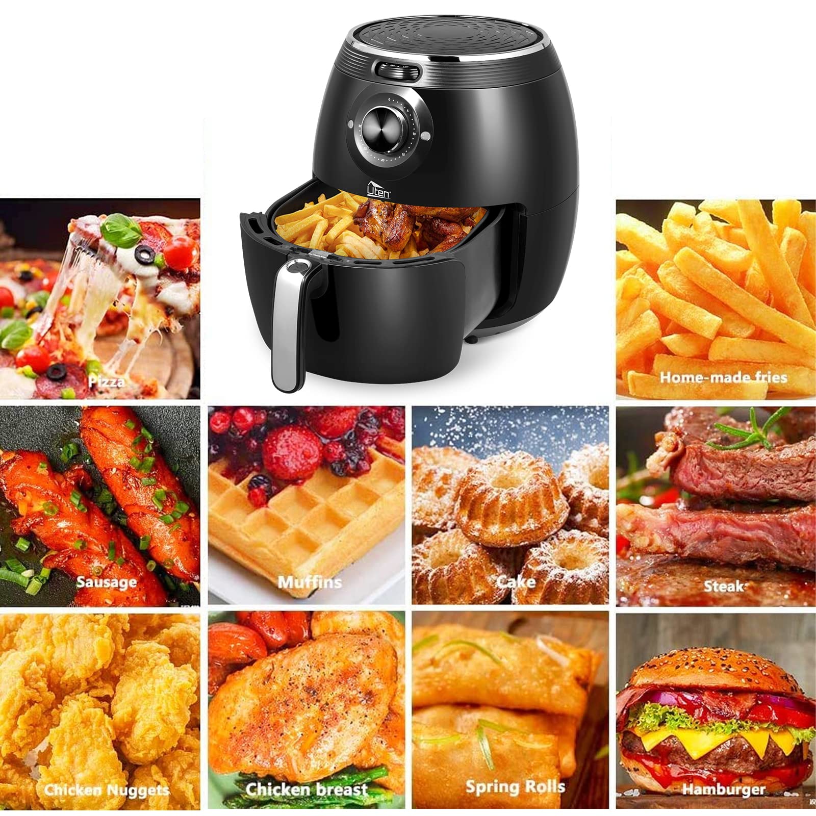 Freidora de aire 5.8QT/5.5L, Uten 1700W AirFryer Control de temperatura caliente eléctrica de alta potencia y perilla del temporizador, cesta para freír antiadherente, apta para lavavajillas, aplicar a fiestas, té de la tarde, negro