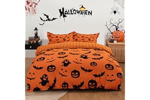 XRUIBED Halloween Duvet Cover Twin Size, Pumpkin Bat Orange Bedding Set Holiday Decor Reversible Halloween Comforter Cover Set with Pillowcase 2 Pieces Halloween Duvet Cover Set for Kids Teens (Twin 68"x86")