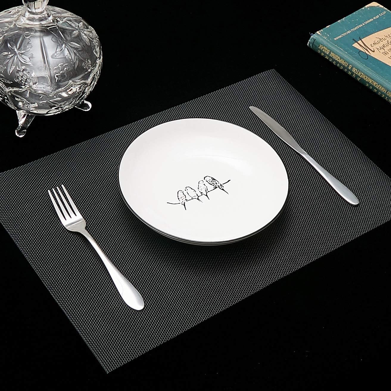 DOLOPL Black Placemat Placemats Waterproof Placemats Set of 6 Crossweave Woven Vinyl Laminated Table Mat Easy to Clean Heat Resistant Wipeable Placemats for Dining Table: Home & Kitchen
