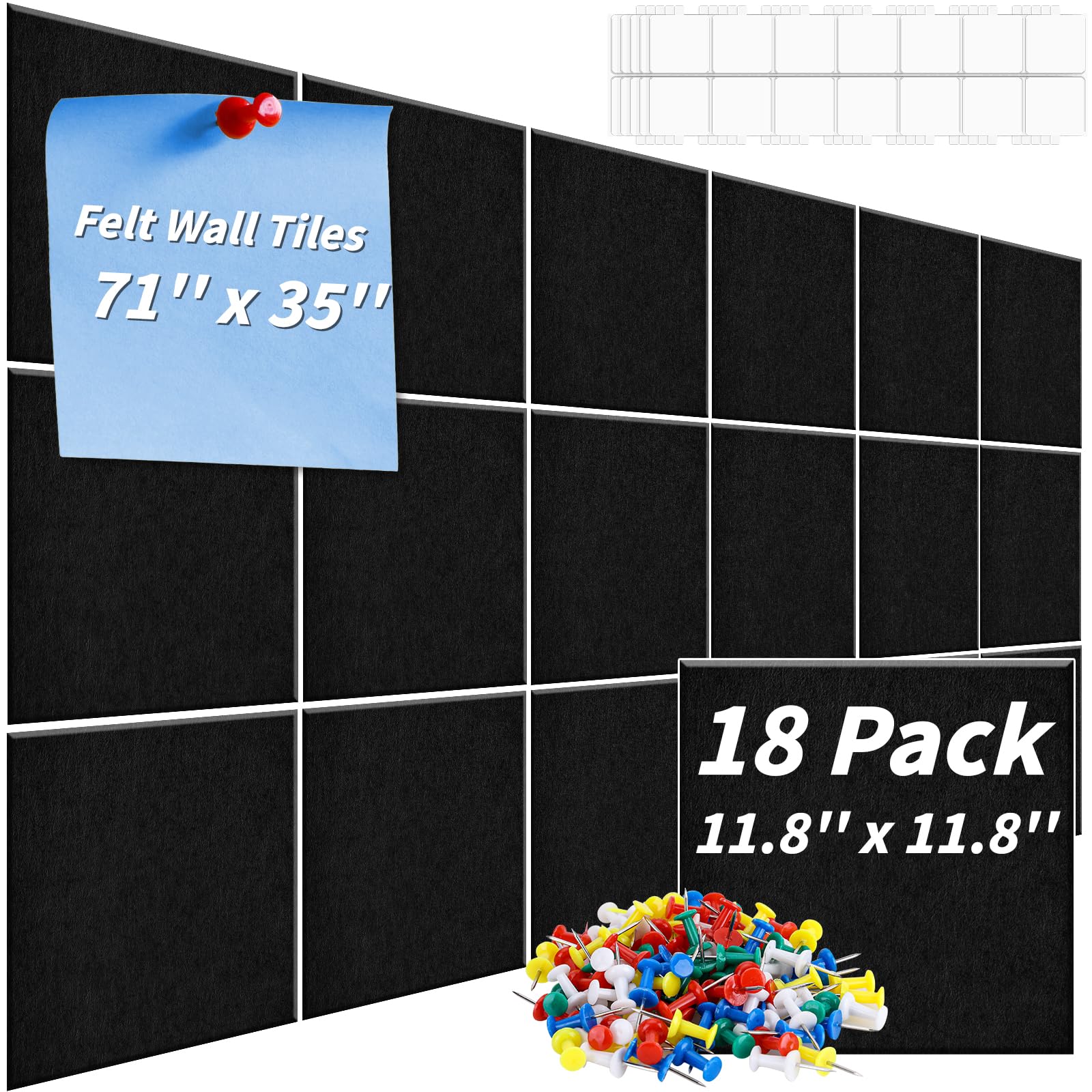 Photo 1 of 18 Pcs Large Cork Board 70“x35”,12" Black Felt Board Alternative with 100 Push Pins & Sticky Notes, Self-Adhesive Bulletin Board for Wall, for Home Kitchen,Wall Tiles for Photos Memos