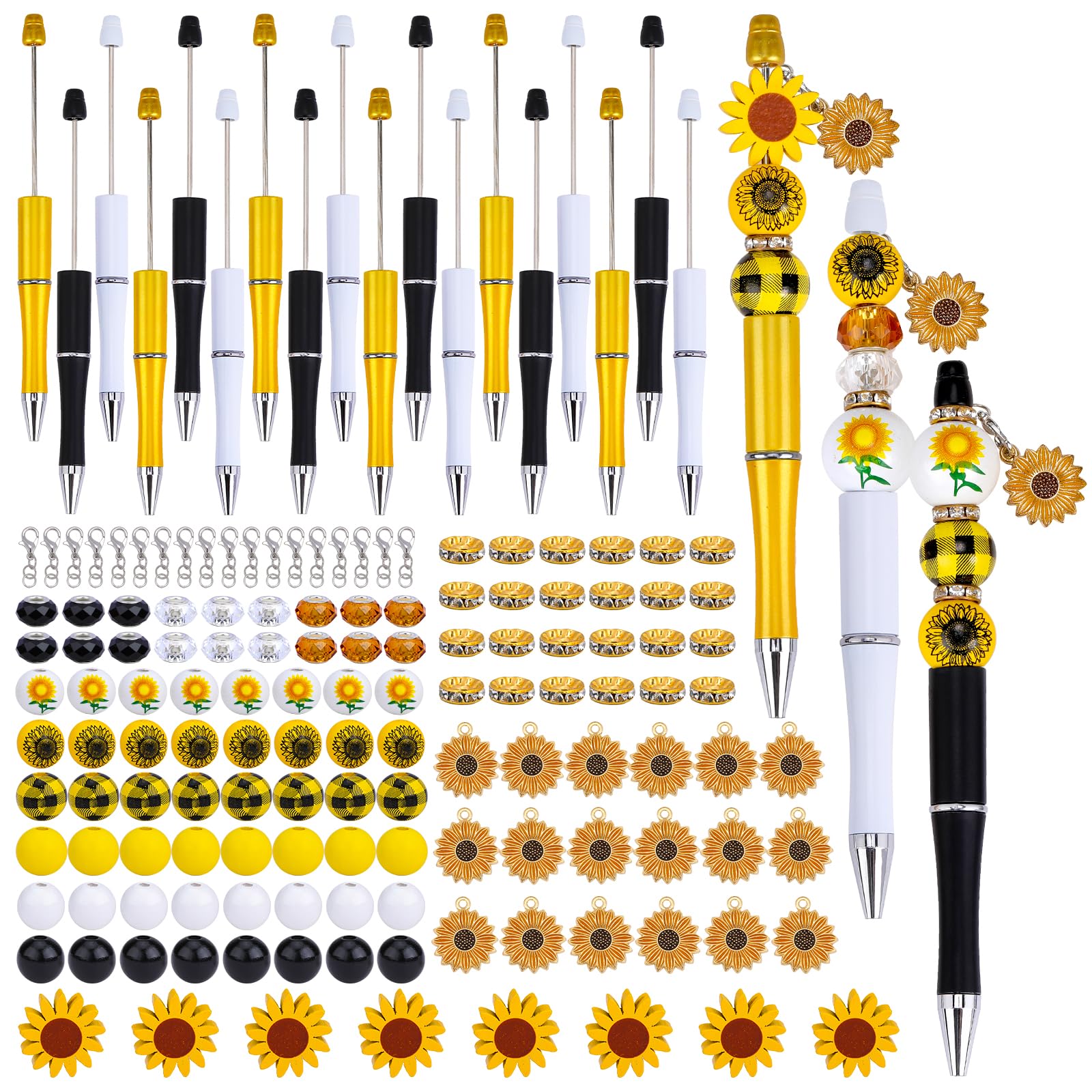 WEWAYSMILE 18pcs Assorted Beadable Bead Pens DIY Kit - Plastic Ballpoint Pens Bulk with Beads - Sunflower Theme - Gifts for Women, School, Office