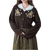 BEAUDRM Women's Vintage Floral Embroidery Cropped Sweater Boho Western Core Long Sleeve V Neck Renaissance Fall Cardigan