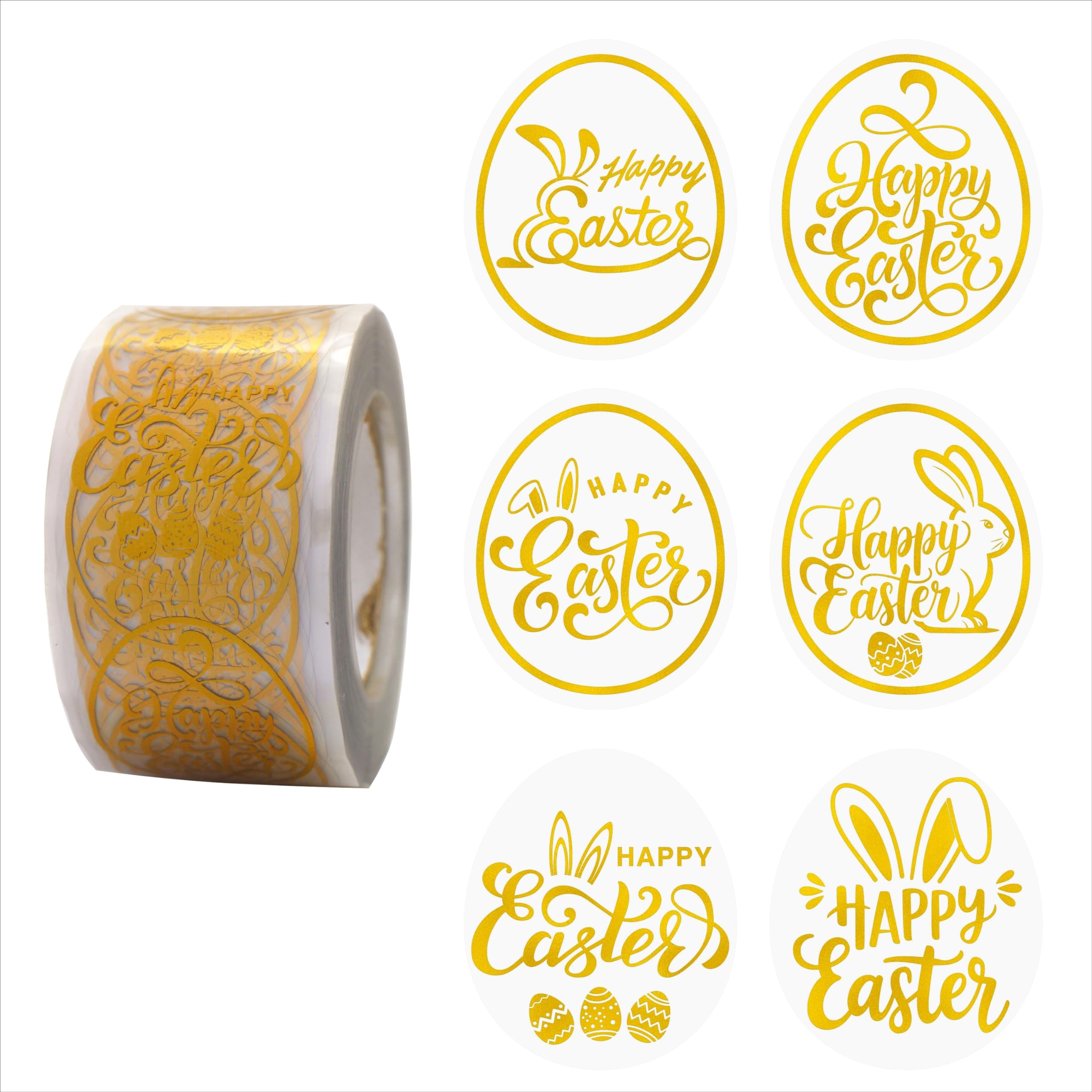 Masper Easter Stickers, 3.4 x 4cm, 600 Sheets, 6 Waterproof Transparent Gold Foil Shiny Designs, Happy Easter Stickers for Decorations Gifts Cards Crafts Bags Envelopes Wrapping