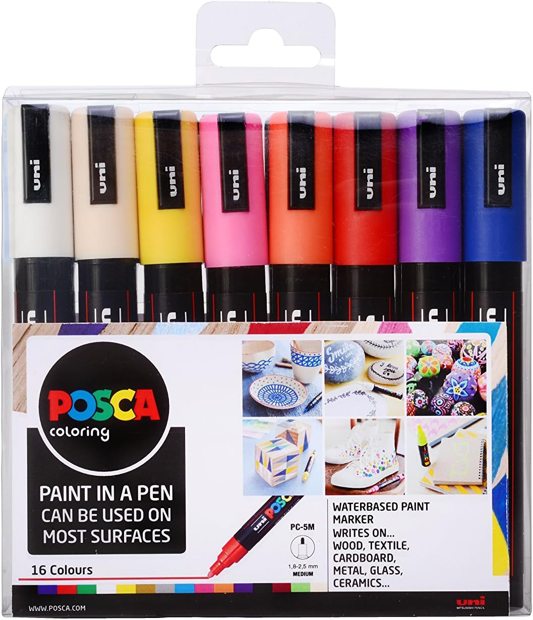 Posca Pens PC-5M Medium Acrylic Coloured Permanent Paint Markers for Adults. Perfect for Colouring Fabric, Graffiti
