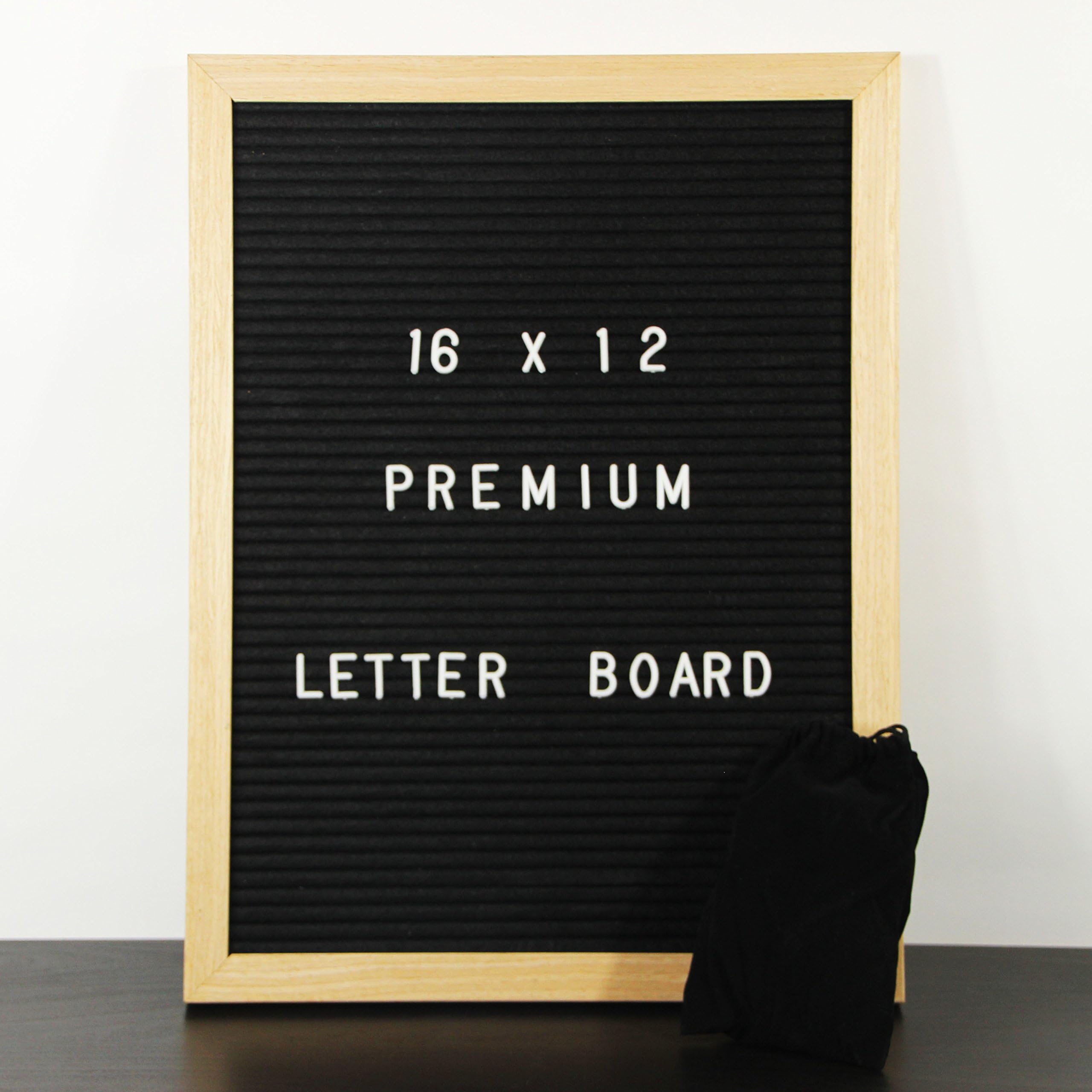 16 x 12 Premium Letter Board - Perfect Gift - Large Oak Wooden Frame, Black Felt - Includes 580 Letters, Numbers, Symbols & Cotton Bag to Store