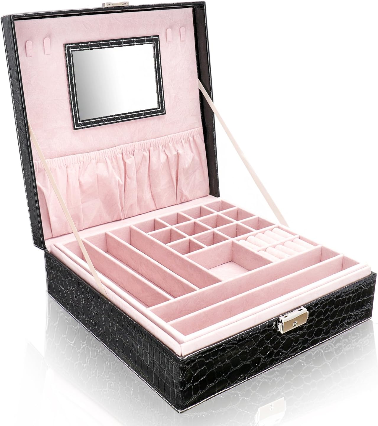 BEITEPACK Jewelry Storage Box, Faux Leather Two Layers Square Lockable Classic Black Home Mirror Organizer Display Case