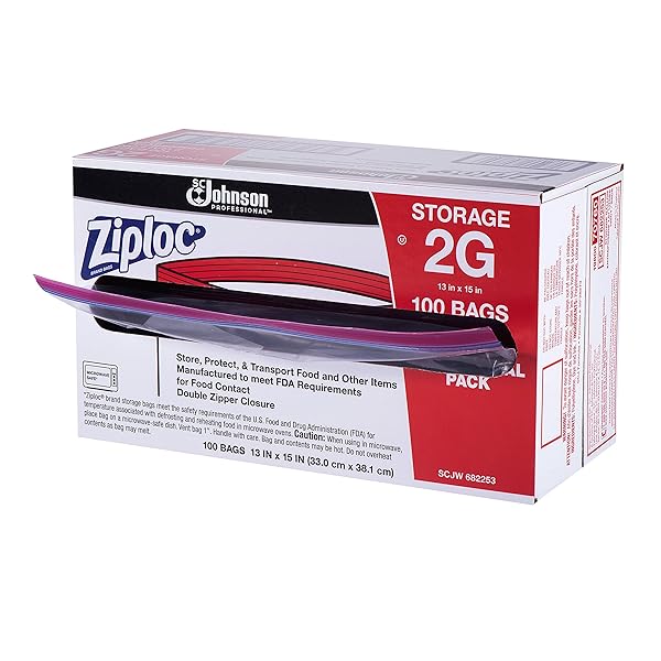 SC JOHNSON PROFESSIONAL ZIPLOC STORAGE BAGS, FOR FOOD ORGANIZATION AND STORAGE, DOUBLE ZIPPER, 2 GALLON, 100 COUNT