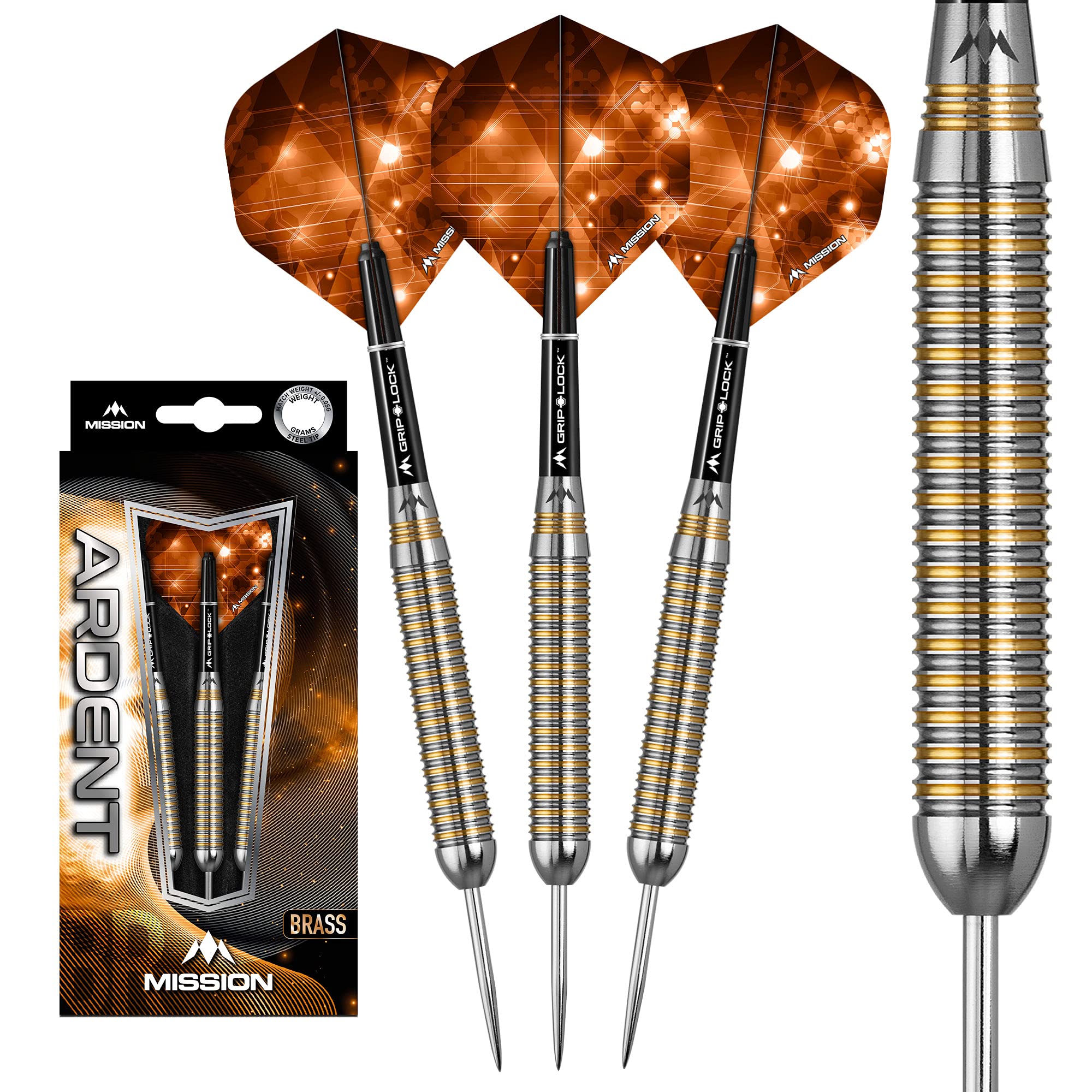 Mission Darts D5413 Ardent | 23g Professional Steel Tip Darts Set Including Brass Barrels, Points and Flights, M1, Silver/Orange