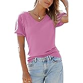 Arach&Cloz Women's 2025 Summer Short Puff Sleeve Shirts V Neck Cute Blouses Dressy Casual Trendy Sweater Tops