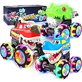 Pnooe Monster Truck Toys, 3 Pack Light Up Cars for Toddlers, Baby Animal Toy Trucks Dino Cars with LED Lightning Wheels, Press & Go Car with Moving Mouth for Kids Boys Girls Christmas Birthday Gifts