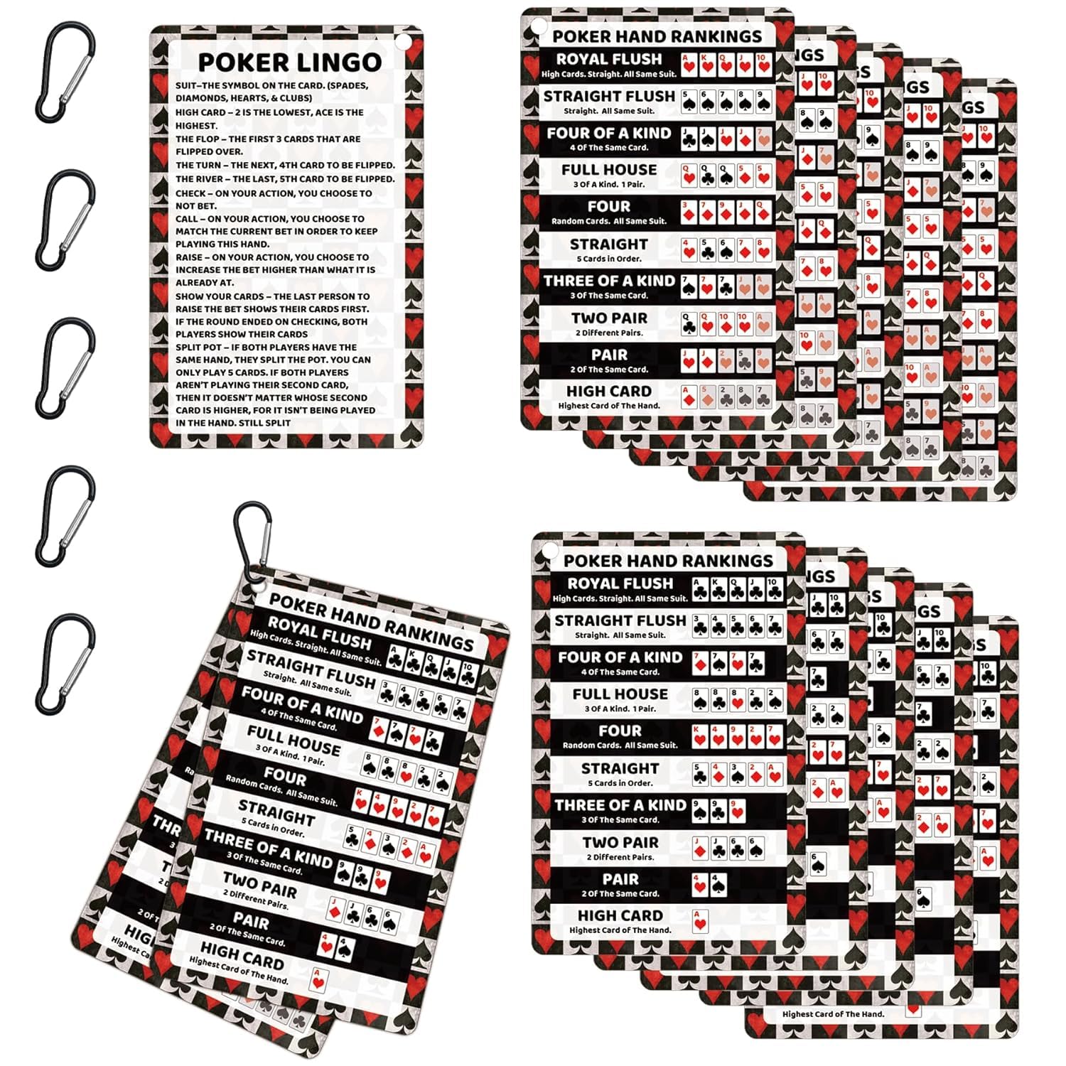5 Set Poker Rules Guide Card with Hanging Buckle 10 Pcs Card Hands Quick Reference Strategy Cheat Sheet for Beginners 2.2 x 3.4inch Poker Night Essentials Rankings Training Aids