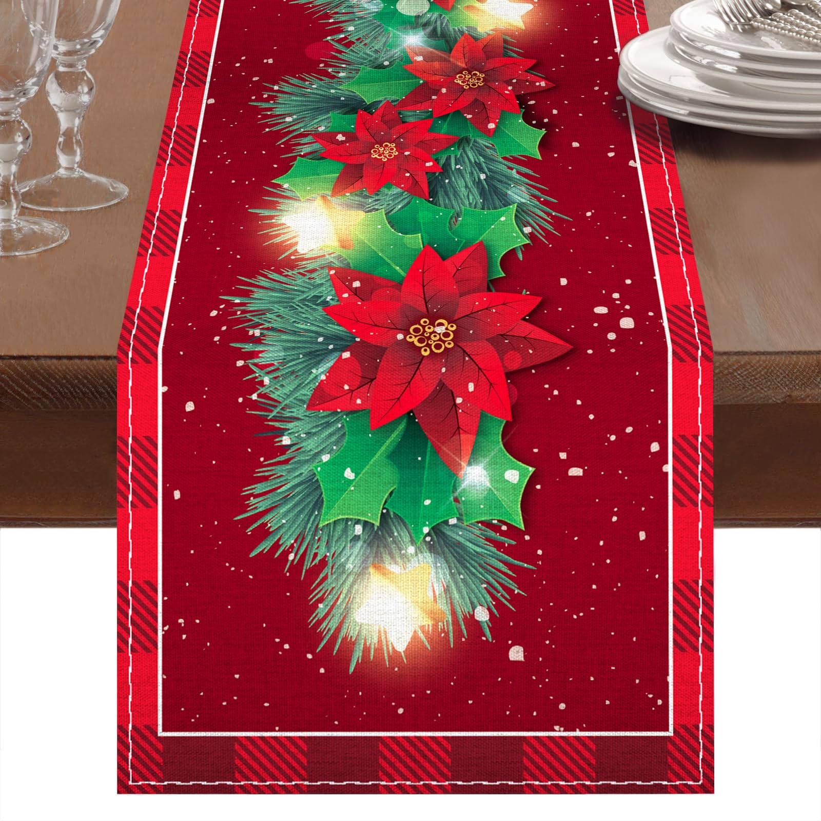 Christmas Table Runner 183 x 33cm, Xmas Linen Table Runner, Christmas Table Decoration, Red Table Runner with Poinsettia Flowers, Holly Leaves and Snowflakes Print, for Indoor Outdoor Home Party Decor
