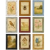 4x6 Rustic Farmhouse Picture Frames with Vintage Prints, Set of 9 | Distressed MDF wood-look frames in assorted colors with acrylic fronts for gallery walls, shelves, desks, or tabletops
