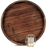 MAGIGO 16 Inches Extra Large Round Black Walnut Wood Ottoman Tray with Handles, Serve Tea, Coffee or Breakfast in Bed, Classic Circular Wooden Decorative Serving Tray