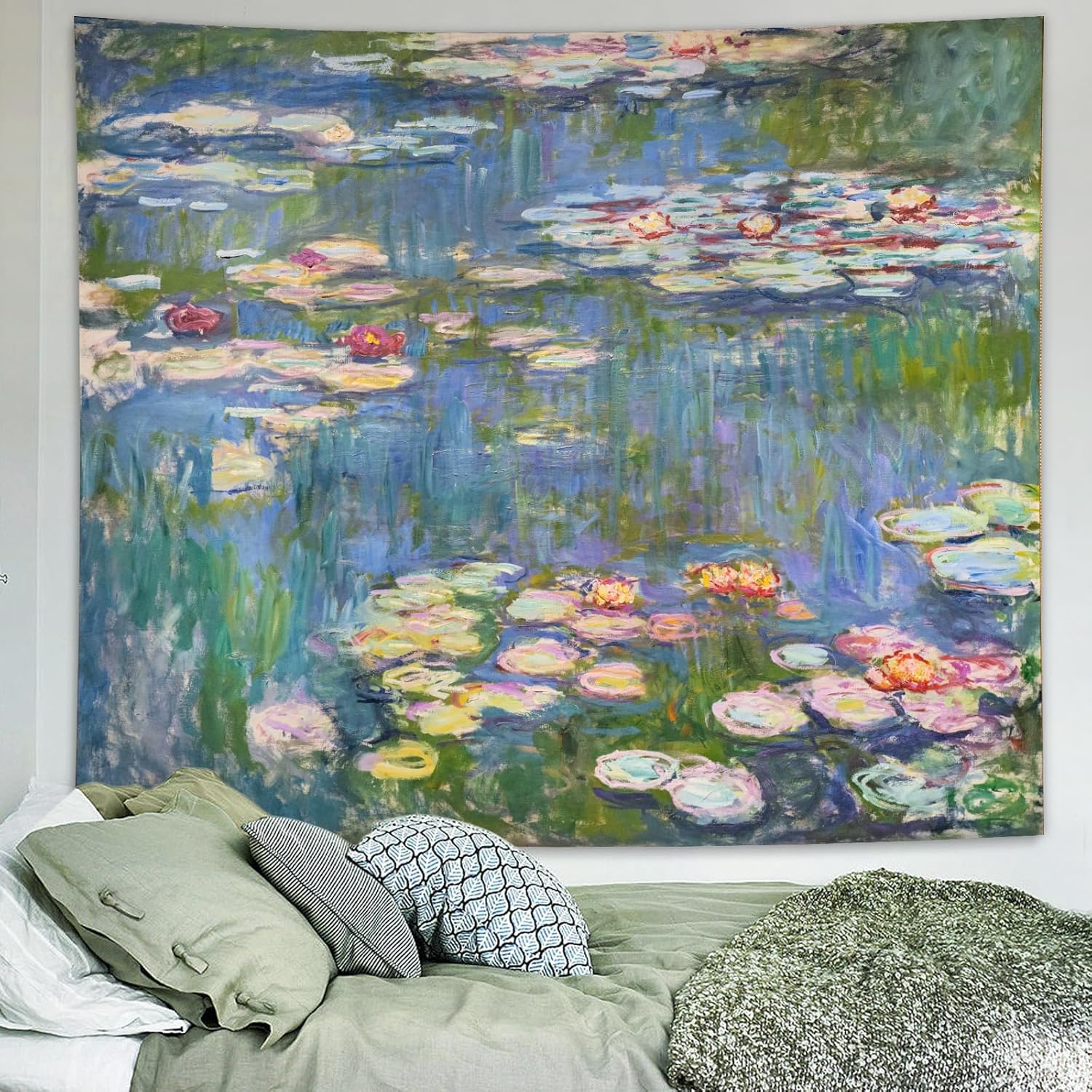 Tapestries - Avinyl Green Tapestry Water Lilies by Monet Wall Art Decor for Bedroom Aesthetic Abstract Hippie Flower Wall Hanging for Living Room Dorm Décor 51in x 60in