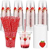 Blushtier 100 Set 12 oz Strawberry Disposable Plastic Cups with Lids and Straws Transparent Strawberry Party Cups for Juice Water Coffee Tea Birthday Summer Fruit Party Supplies (Red)