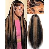 KUKIM 30 Inch Ombre Straight Wigs Human Hair 13x6 HD Transparent Lace Front Wigs Human Hair Pre Plucked 200 Density Highlight Real frontal Wig Can Last 6-9 Months Tangle-Free Natural Black for Women