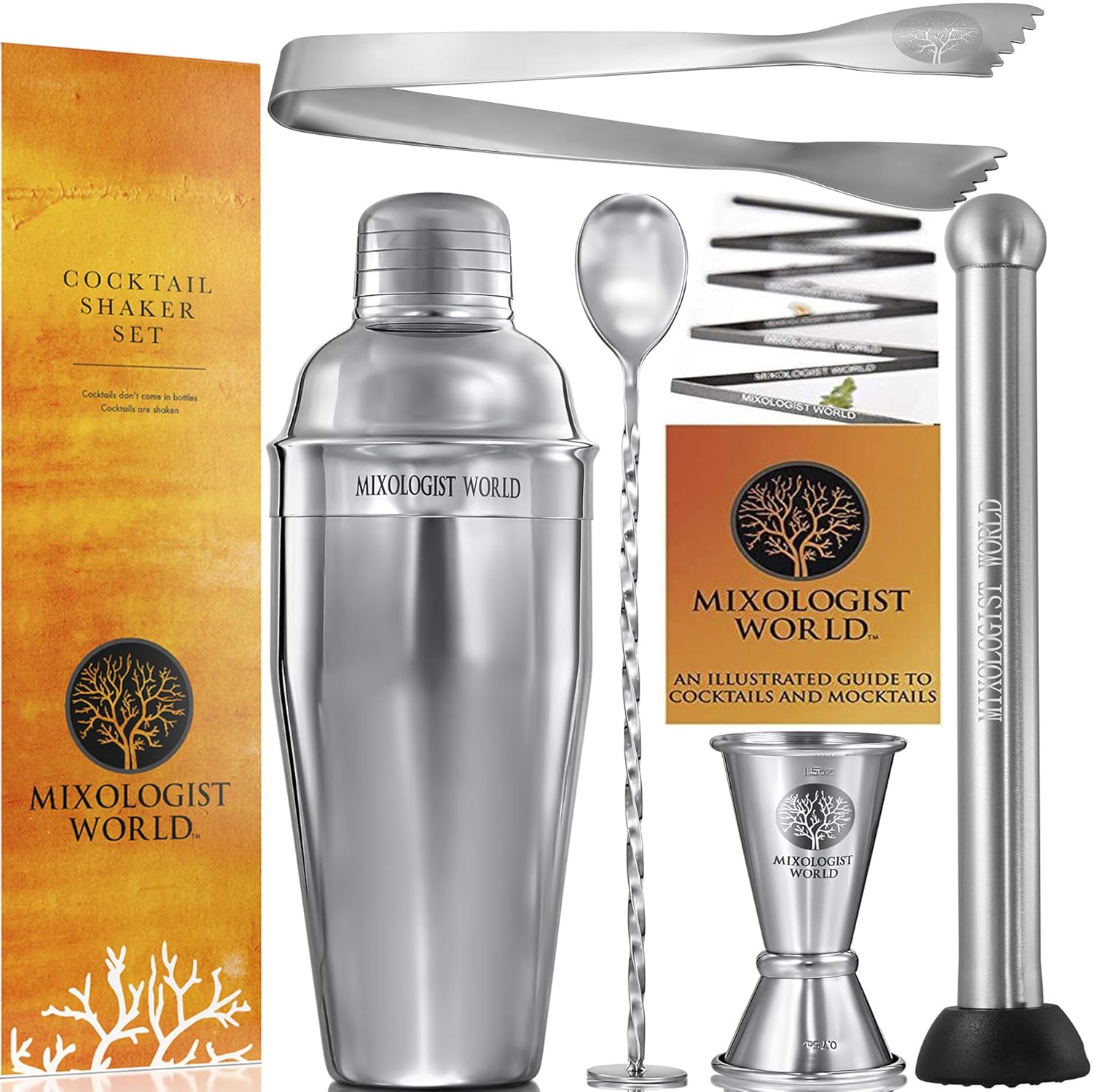 Cocktail Shaker Bar Set - Built-in Strainer from 304 Stainless Steel - Kit With Muddler, Mixing Spoon, Measuring Jigger and Ice Tong Plus Cocktail Recipes