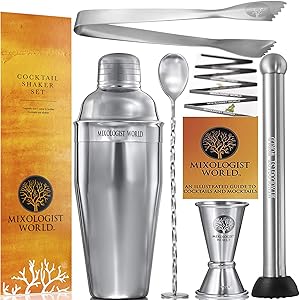 Cocktail Shaker Bar Set - Built-in Strainer from 304 Stainless Steel - Kit With Muddler, Mixing Spoon, Measuring Jigger and Ice Tong Plus Cocktail Recipes