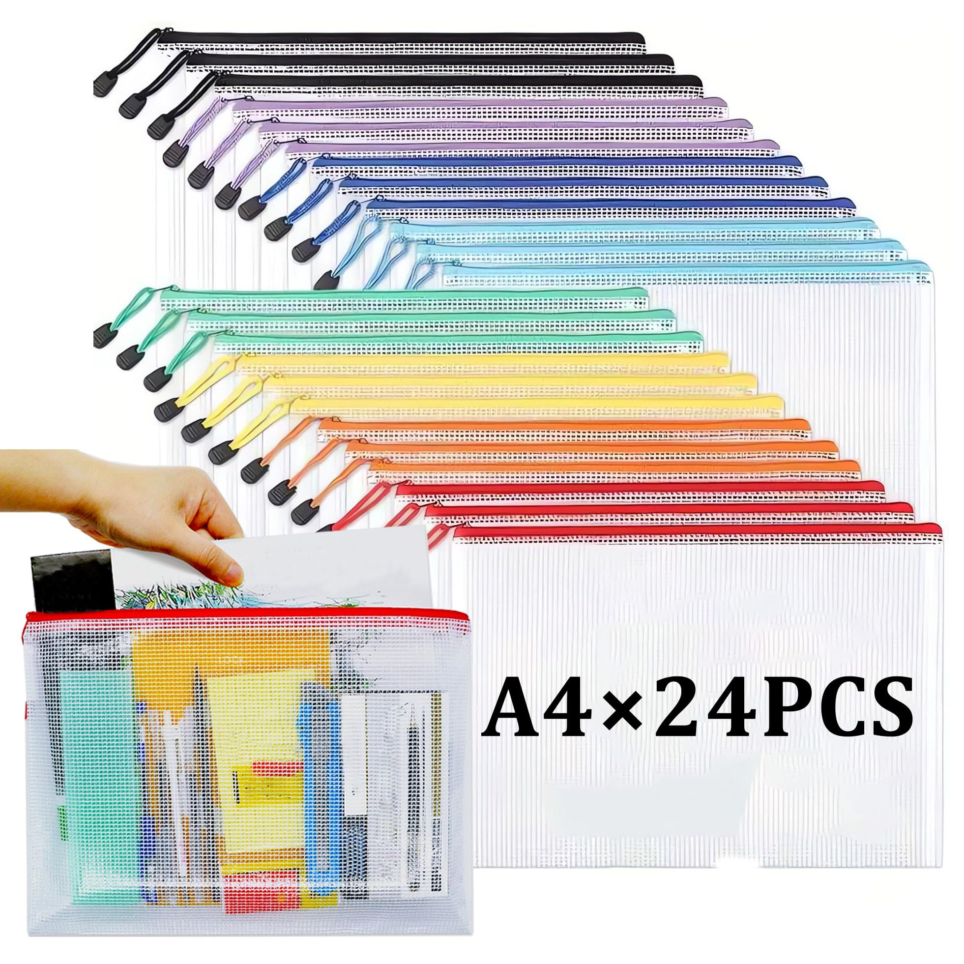 24 PCS Plastic Wallets A4 Plastic Zip Folders A4 Pockets Document Wallet Bags Folders for Paperwork Offices File Home Travel School Supplies