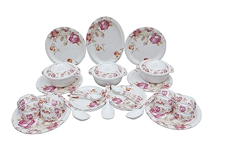 Family Dining Microwave Safe Double Coated 40 Pieces Melamine Dinner Set (Pink White, 40)