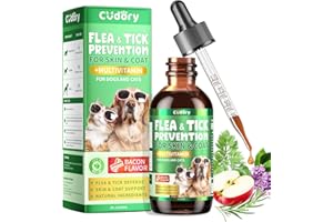 CUDORY Oral Flea & Tick Prevention for Dogs and Cats, Natural Flea and Tick Defense Drops with Multivitamin for Pets - Supports Healthy Skin & Coat - Flea Herbal Drops All Breeds and Sizes - Bacon Flavor