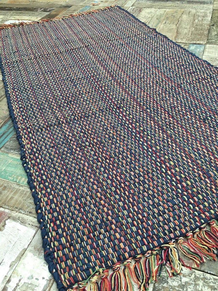 Second Nature Online Thick Flat Weave Blue Stripe Chindi Cotton Rag Rug 75cm x 135cm