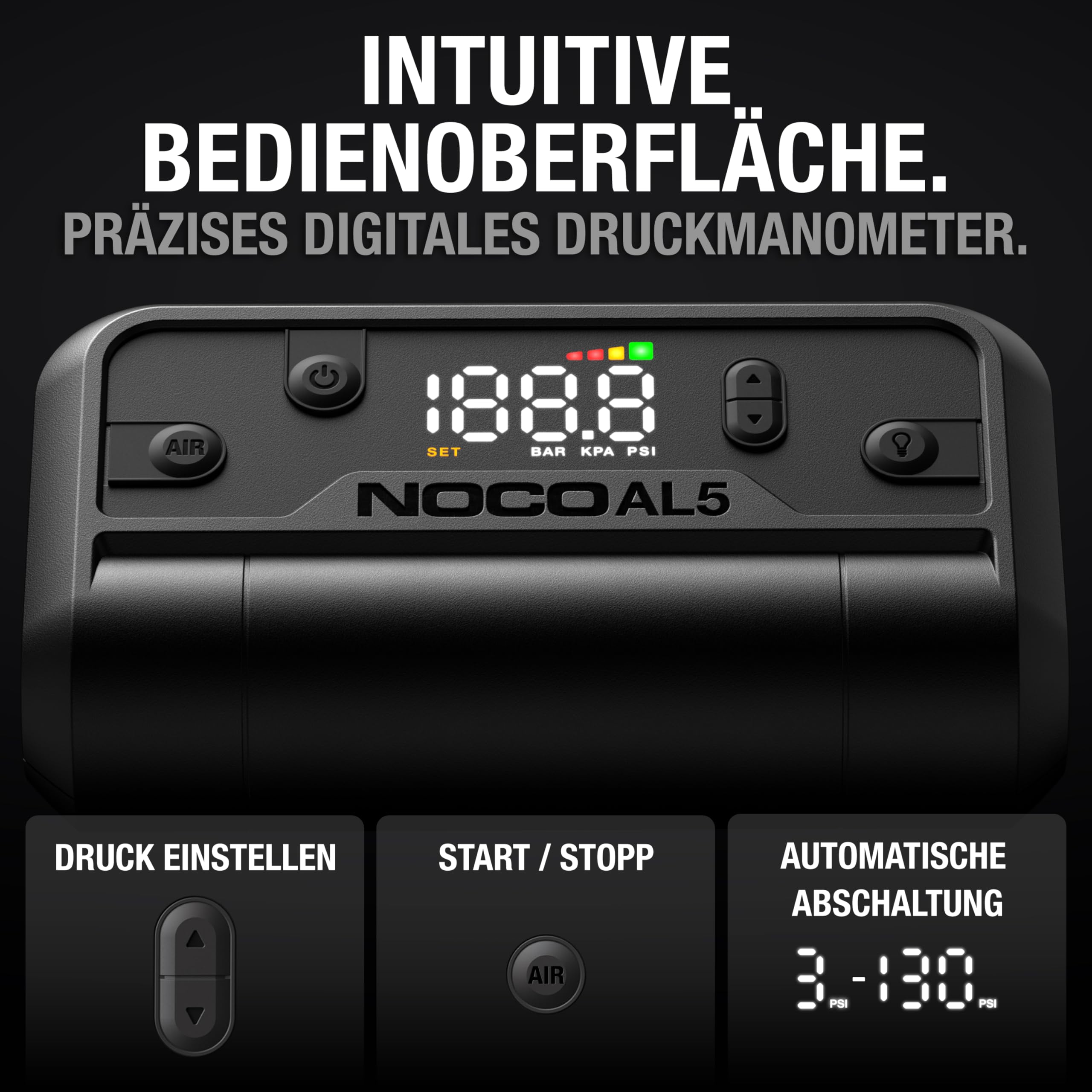 NOCO Air AL5: UltraSchnelle 5A Akku-Luftpumpe – Tragbarer Akku-Kompressor – 17 SLPM Luftstrom, 0–40 PSI in 7 Min – Digitales Manometer + automatische Abschaltung 6