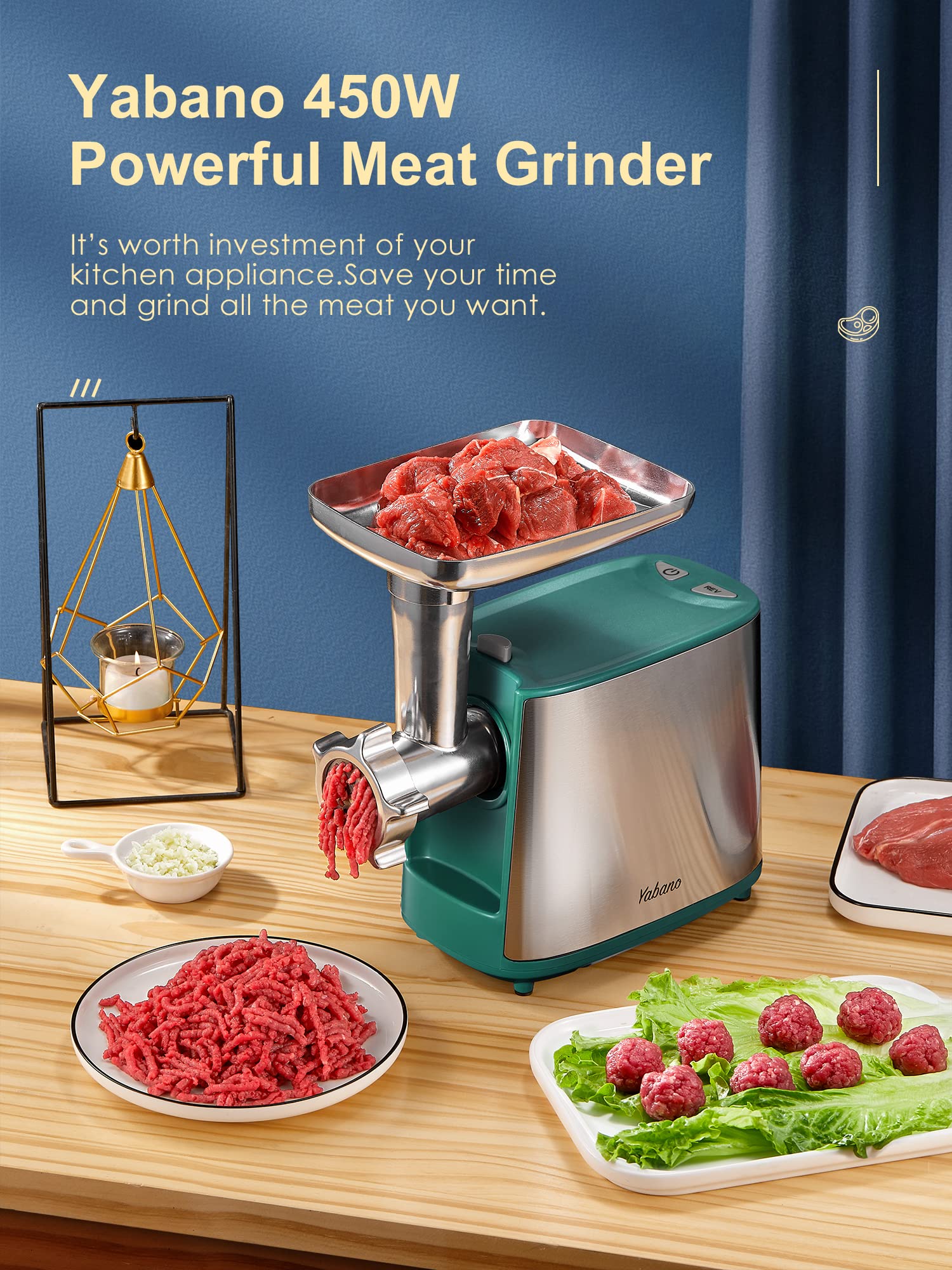 Electric Meat Grinder, Heavy Duty Meat Mincer, Sausage Stuffer Maker, Food Grinder with Sausage & Kubbe Kit, 2 Grinder Plates, Stainless Steel (Green)