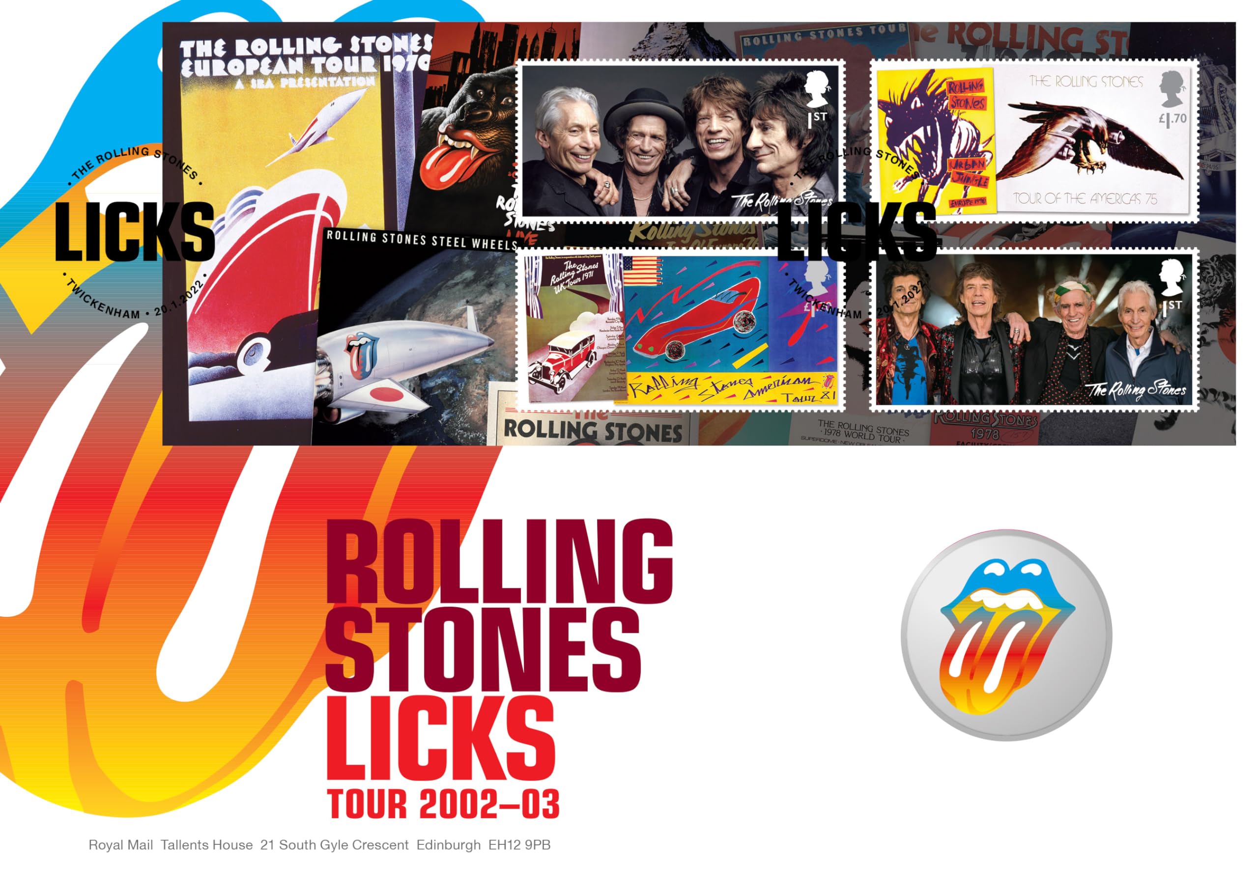 The Rolling Stones Licks Tour with Souvenir Stamps and Silver-Plated Medal from Royal Mail. The Stones Numbered Limited Edition Collectible