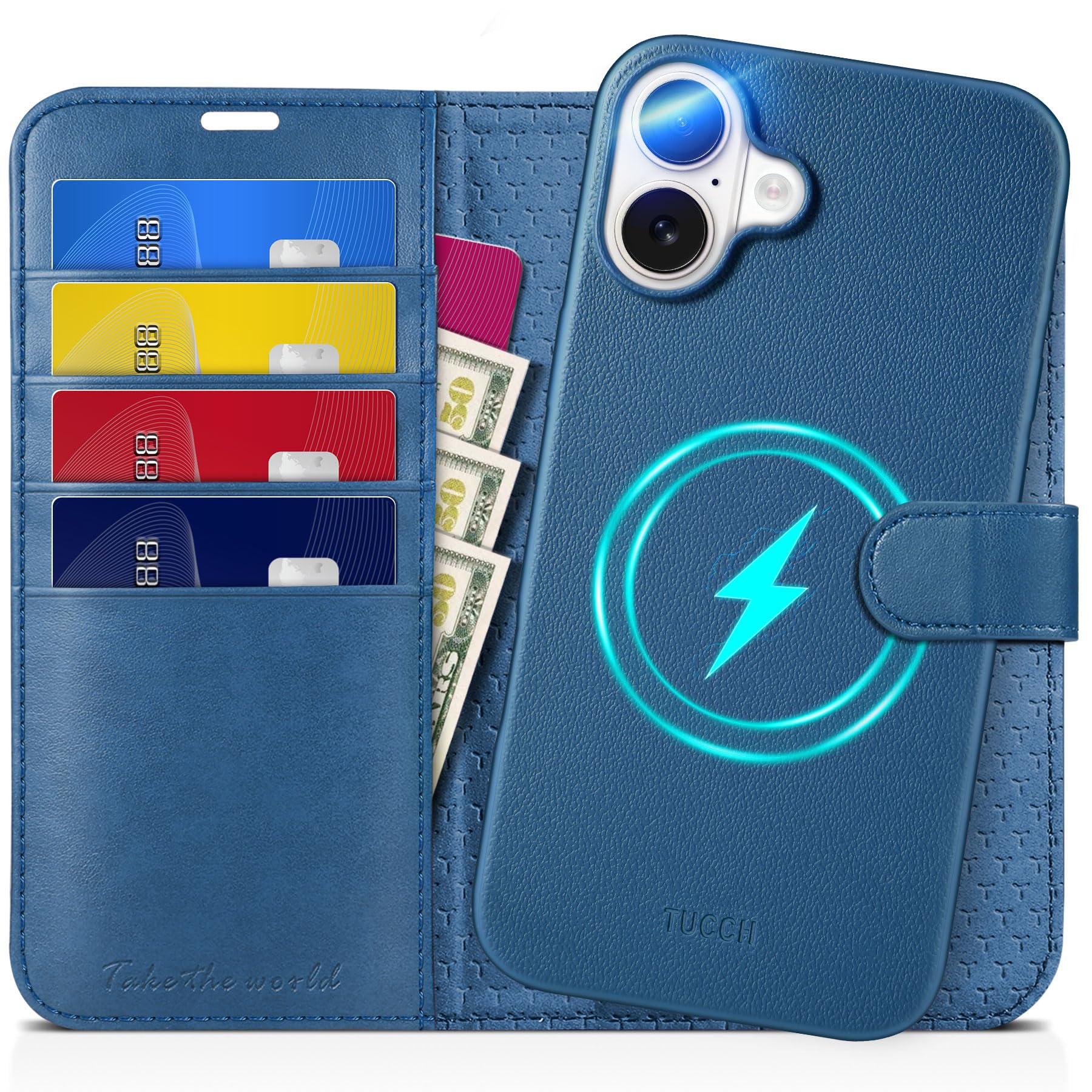 TUCCH Case for iPhone 16 Plus (6.7"), 2 in 1 Magnetic[Detachable]PU Leather Wallet Stand Case with[RFID Blocking][Wireless Charging][Card Holders]Shockproof Removable Protective Folio, Full Lake Blue