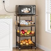 XYZLVSI Small Rolling Microwave Cart, 4 Tier Kitchen Storage Rack on Wheels | Small microwave stand, ideal for pantry/living room/office/entryway, wire basket, hooks, makeup organizer cart,coffee stand