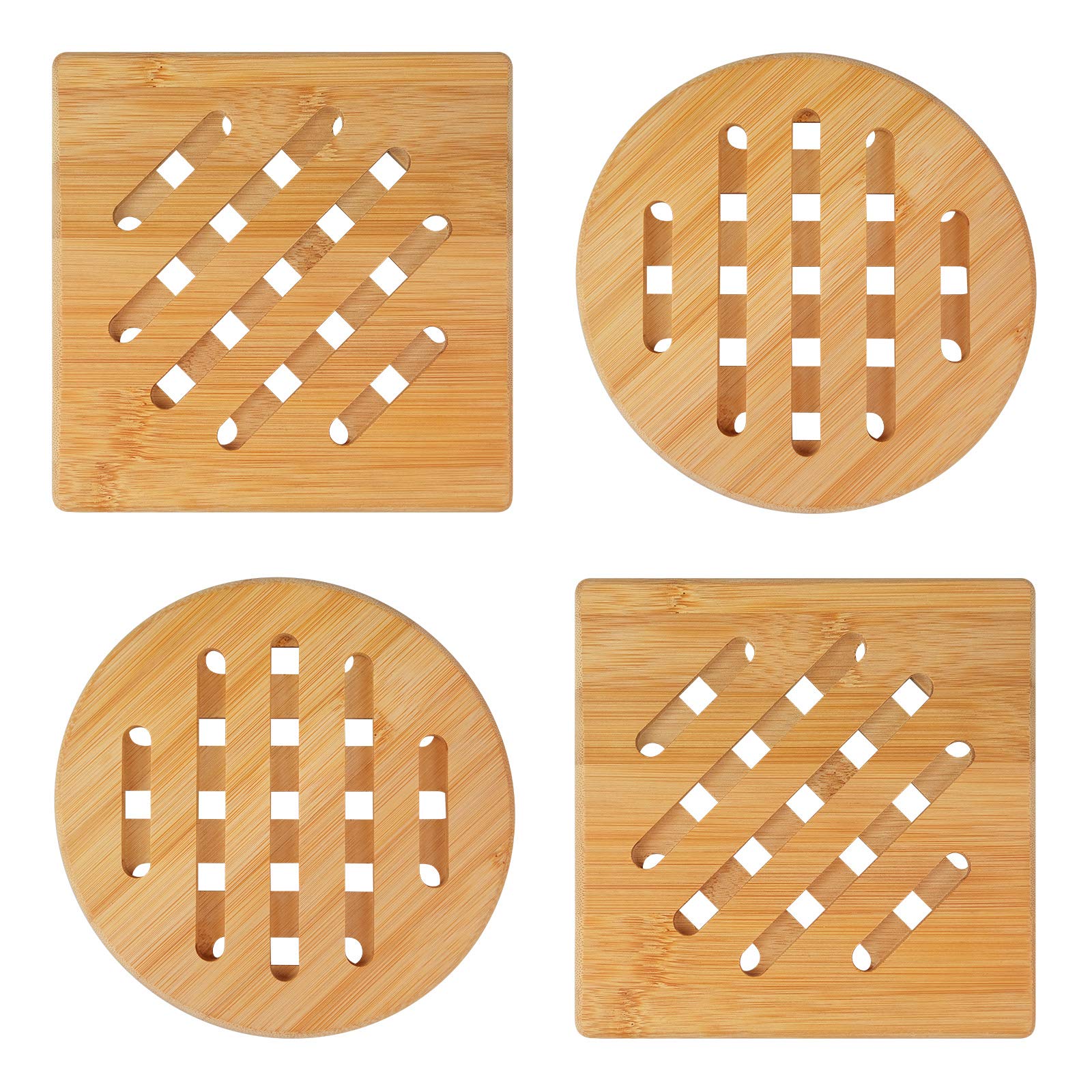 Bamboo Pot Coasters, Set of 4, Heat Resistant Place Mats, Natural Square and Round Wooden Coasters for Kitchen, Bowl, Pots, Plates (15 cm)