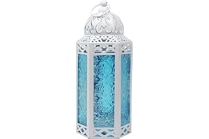 VELA LANTERNS White Moroccan Lamp Lantern Decorative Candle Holder for Ramadan Decorations, Indoor Home Decor, Outdoor Patio or Porch, Weddings, Blue Glass, Medium