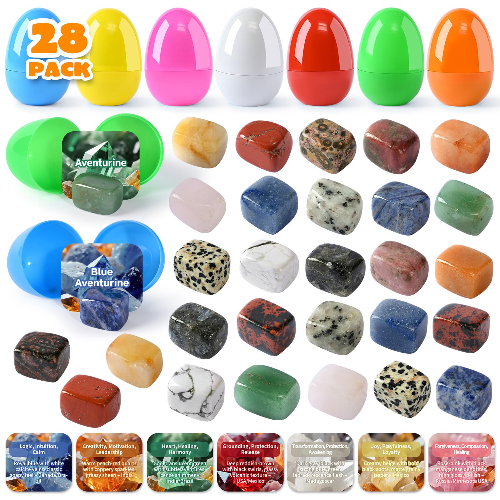 MEADIN 28 Pack Prefilled Easter Eggs with Gemstones Inside - Easter Eggs Filled with Natural Gems Crystal for Kids Easter Egg Hunting Party Favors