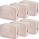 Sanwuta 6 Pcs Seersucker Cosmetic Bag Bulk Pinstripe Makeup Bag for Women Aesthetic Cute Travel Toiletry Organizer Preppy Storage Pouch for Wedding Bridesmaid Christmas Gift (Large, Khaki)
