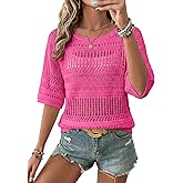 EVALESS Womens Summer Crochet Tops Half Sleeve Hollow Out Beach Vacation Clothes Resort Wear Cruise Outfits