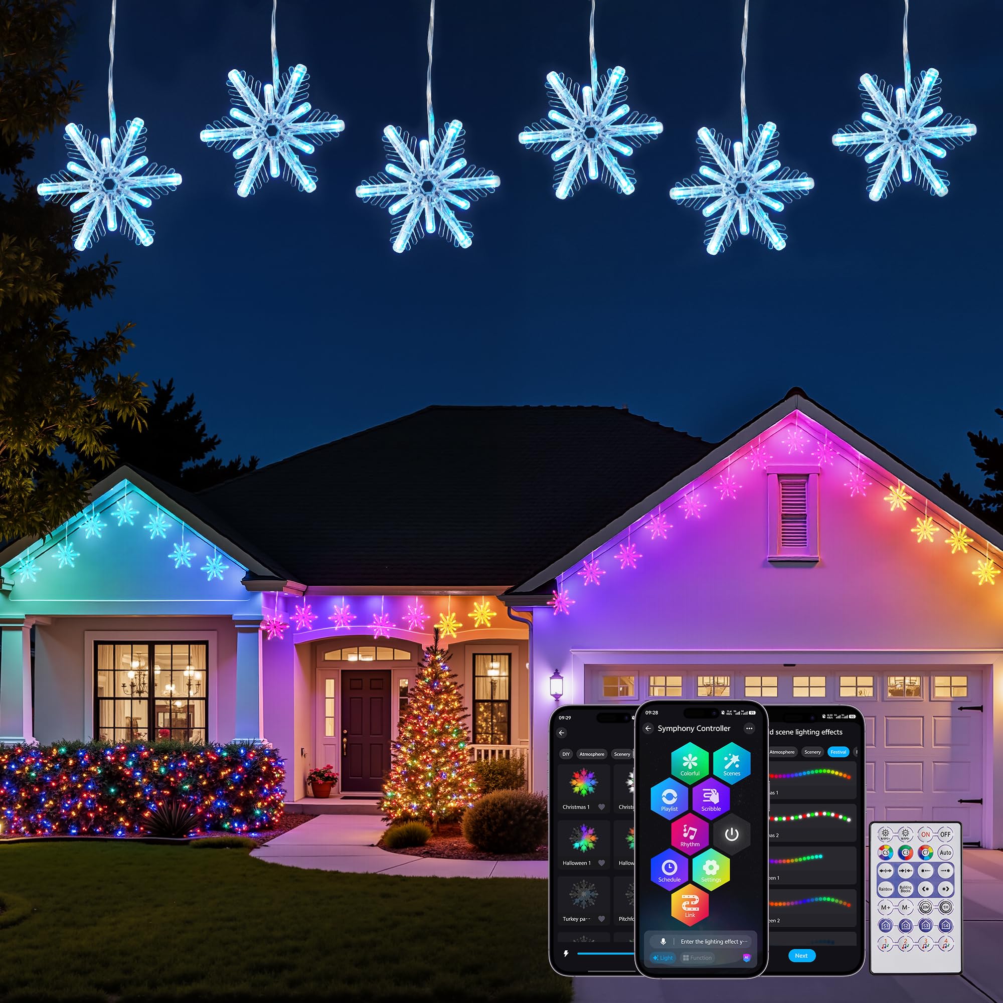 Photo 1 of Brightown Smart Christmas Snowflake Lights Outdoor, 24ft 192LED with 16 Drops Icicle Lights with APP Control & Music Sync, Waterproof Connectable, 80+ Scene Modes for Roof, Yard, Patio, Window