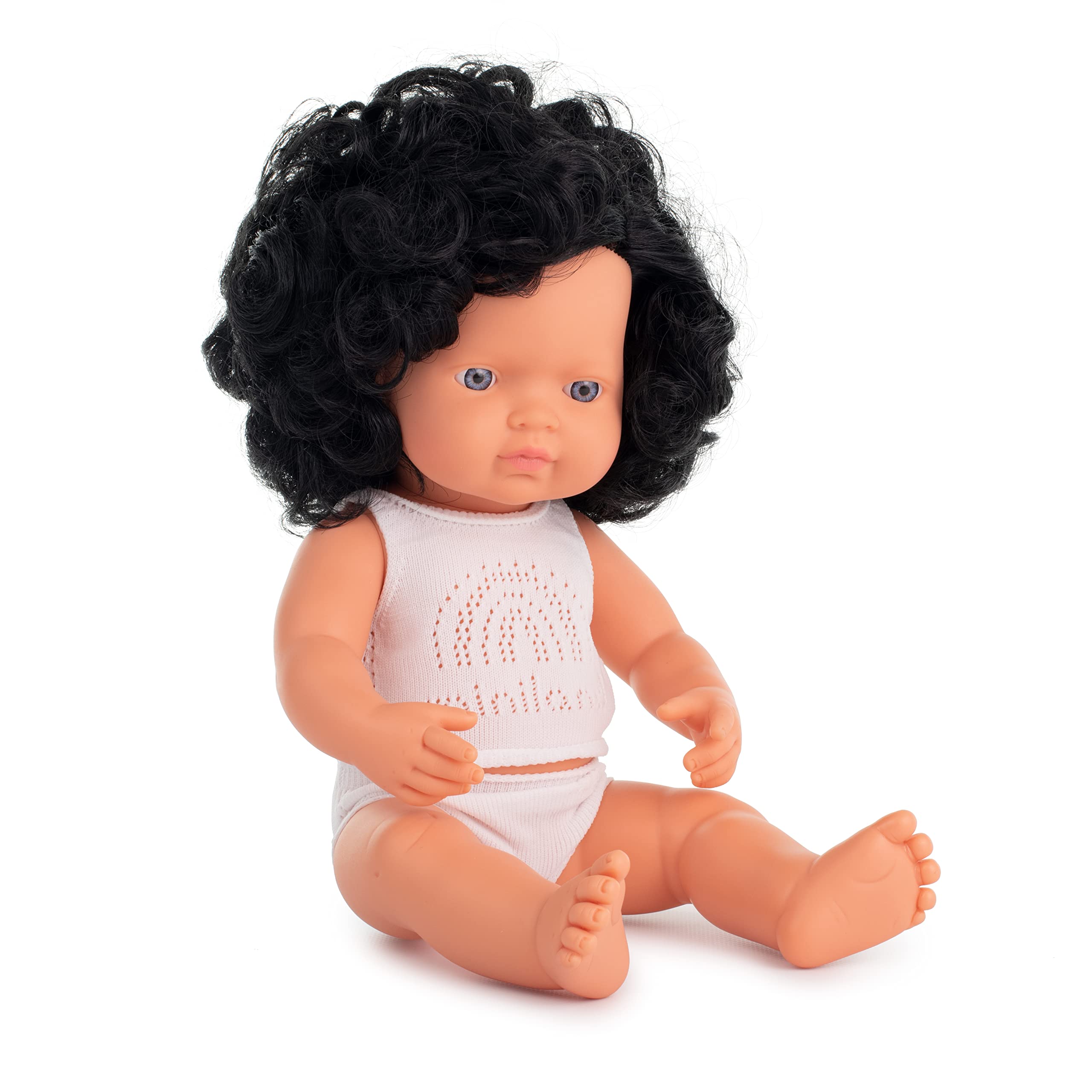 Miniland Baby doll Caucasian curly black hair girl 38cm in retail box with underwear (31262)