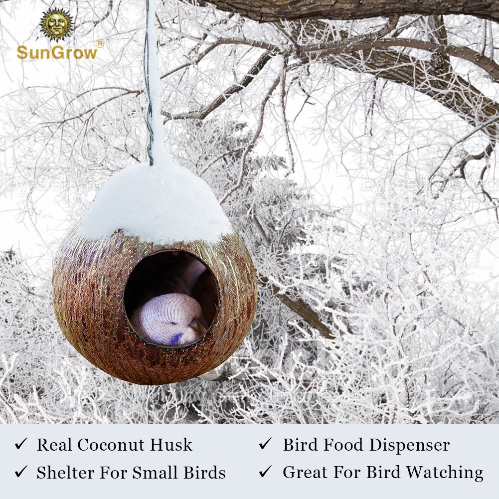 SunGrow Bird House: 100% Natural Coconut Shell: Nesting House or Bird Feeder: Sustainable Materials: Natural Textures Encourage Foot and Beak Exercise: Includes Hanging Loop