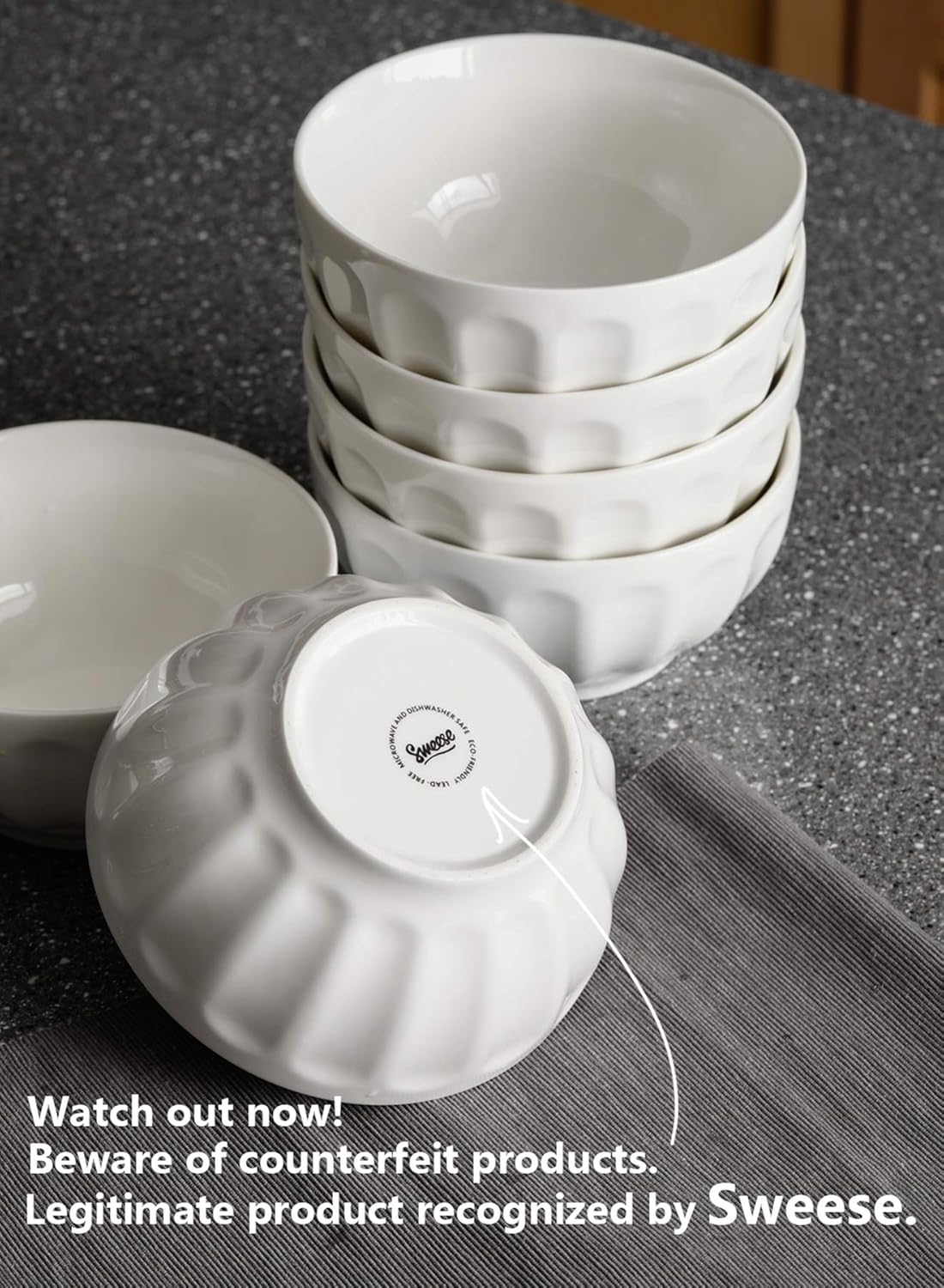  | Sweese 106.001 Porcelain Fluted Bowl Set - 26 Ounce for Cereal, Salad and Soup - Set of 6, White: Cereal Bowls