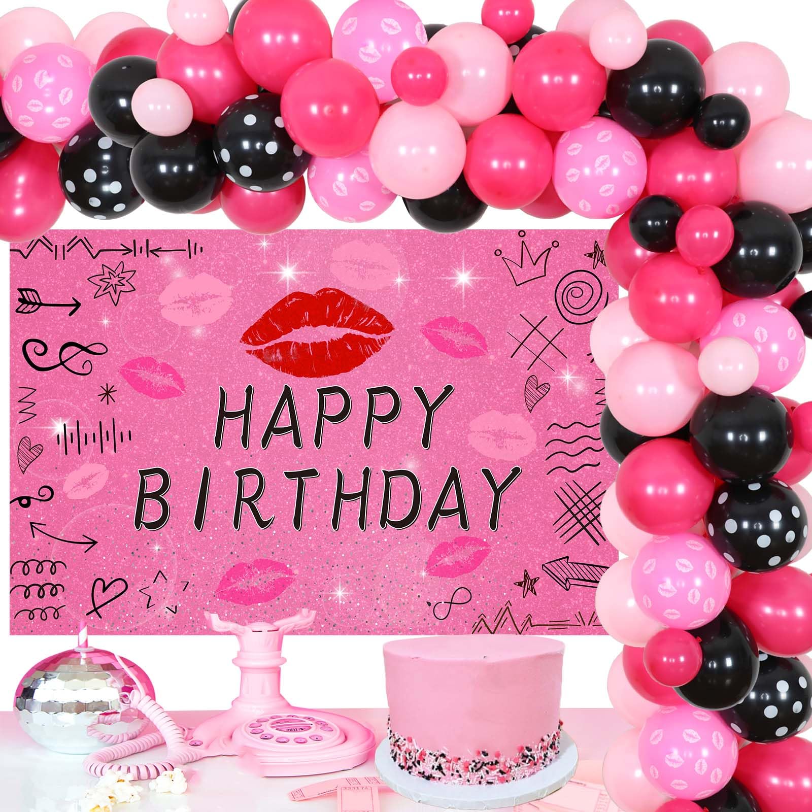 Sursurprise Hot Pink Party decorations, Happy Birthday Balloon Garland Kit with Backdrop, Y2K Early 2000s Birthday Party Supplies for Girls Women