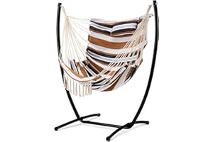EUSUNCALY Hammock Chair with Stand,Hanging Chair Flow Bohemian Hand Indoor Outdoor,with Headrest and Side Pockets, Maximum Load Capacity 330lbs(Brown Stripe)