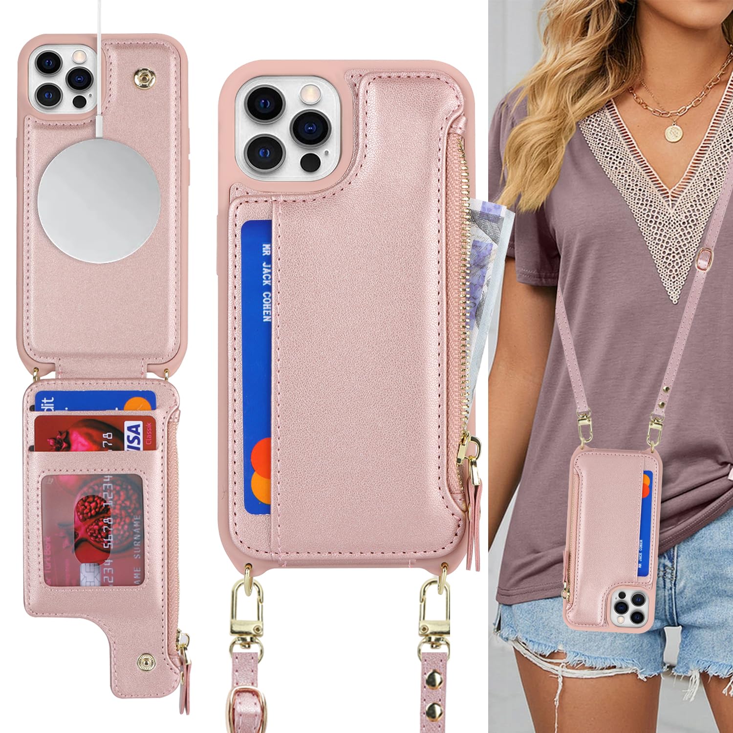 Cavor for iPhone 12 Wallet Case with Card Holder for Women,Compatible with Magsafe,for iPhone 12 Pro Crossbody Phone Case with Strap,Magnetic Zipper Cover-Rose Gold
