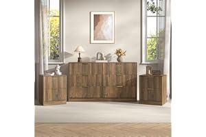 Sscaktu 3-Piece Modern Bedroom Furniture Set, Wide 6-Drawer Dresser & 2-Drawer Nightstands Set of 2, Natural Wood Dresser and Nightstand Sets for Bedroom, Hallway, Walnut