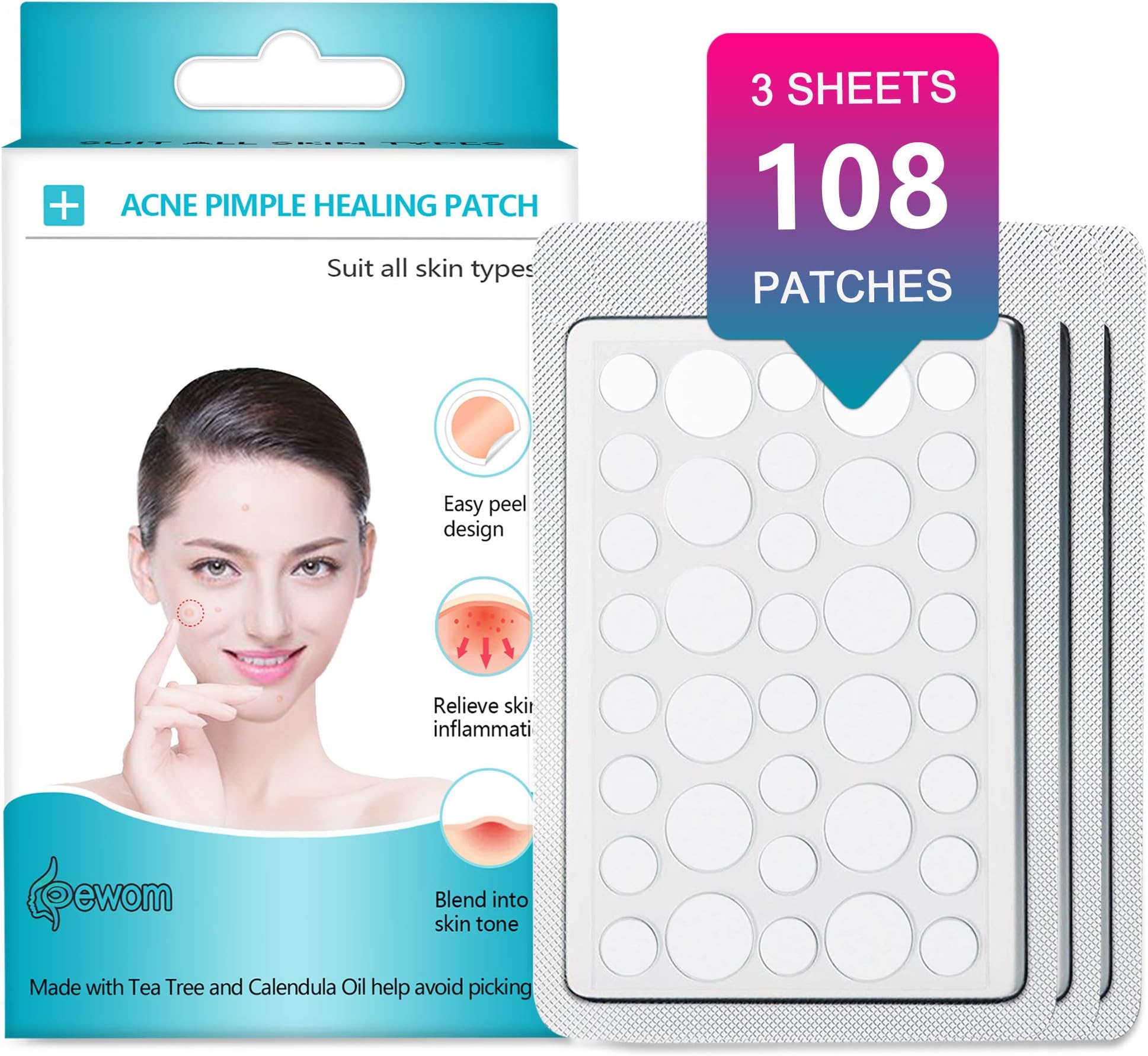 Spewom Pimple Patch, Acne Patch, Tea Tree and Calendula Oil Hydrocolloid Bandages for Acne Dots, Acne Spot Treatment Zit Patch (108 Patches, 3 Pack)